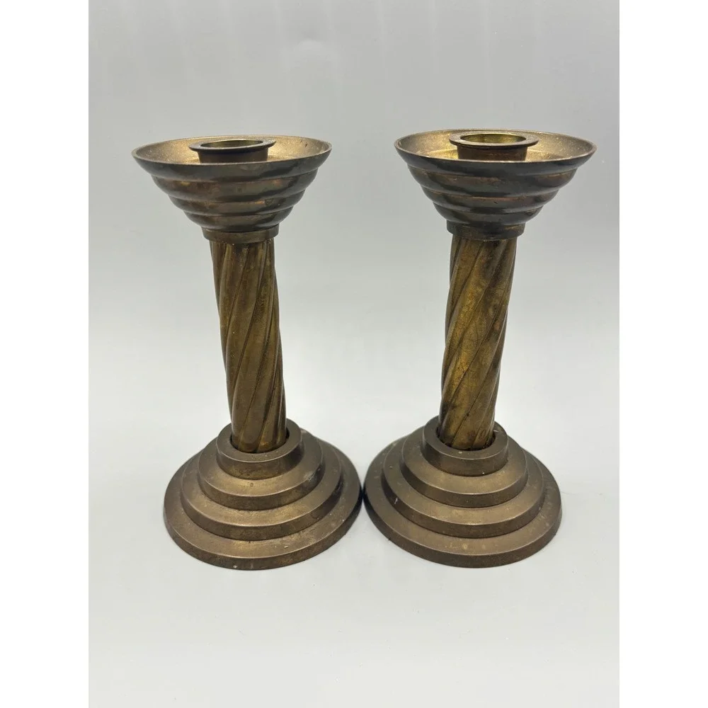 Vtg Brass Candlestick Holders Pair Twisted Swirl Column Stepped Base Decor‎